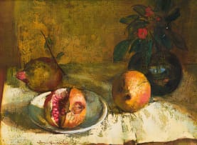 Irmin Henkel; Still Life with Pomegranates and a Vase of Flowers