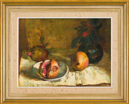 Irmin Henkel; Still Life with Pomegranates and a Vase of Flowers
