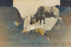 Keith Joubert; Wildebeest and Antelope Beneath a Baobab Tree, diptych