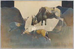 Keith Joubert; Wildebeest and Antelope Beneath a Baobab Tree, diptych