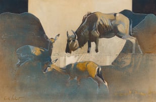 Keith Joubert; Wildebeest and Antelope Beneath a Baobab Tree, diptych