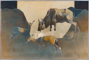 Keith Joubert; Wildebeest and Antelope Beneath a Baobab Tree, diptych