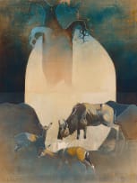 Keith Joubert; Wildebeest and Antelope Beneath a Baobab Tree, diptych