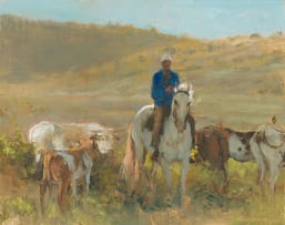 Mari Vermeulen-Breedt; Die Beeswagter en Nguni's op Gelykfontein, Venterstad (The Cattle Herder and Cows in Gelykfontein, Venterstad)