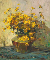 Adriaan Boshoff; Yellow Daisies in a Brass Vase