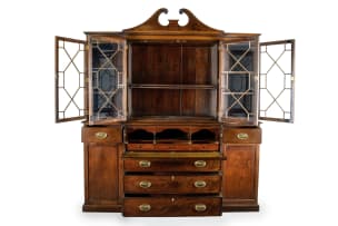 Georgian style flame mahogany breakfront secretaire bookcase, 19th century