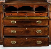 Georgian style flame mahogany breakfront secretaire bookcase, 19th century