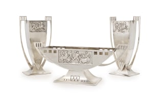 A WMF electroplated centerpiece and a pair of vases, c.1909