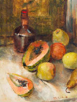 Mari Vermeulen-Breedt; Still Life with Fruit and Bottle