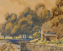 Sydney Carter; House and Boats along a Canal