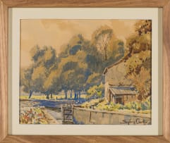 Sydney Carter; House and Boats along a Canal