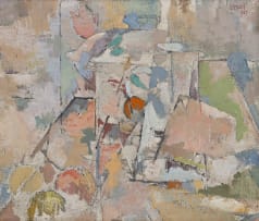 Gregoire Boonzaier; Abstraksie: Wit Beker and Vrugte (Abstract: White Jug and Fruit)