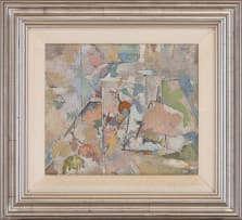 Gregoire Boonzaier; Abstraksie: Wit Beker and Vrugte (Abstract: White Jug and Fruit)