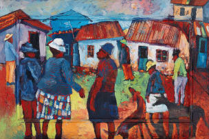 Solomon Siko; Township Scene with Figures and Dogs