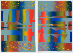 Gail Altschuler; Abstract Composition in Blues, Greens and Reds, two