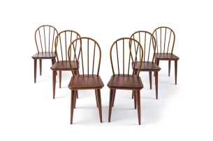 E E Meyer; Set of six oak and imbuia Windsor dining chairs for Binnehuis, South Africa, 1980s