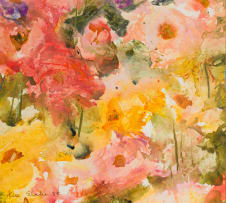 Alice Elahi; Floral Abstract in Pink, Yellow and Green