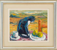 Marena (Kaffie) Pretorius; Table with Cat, Cup and Fruit