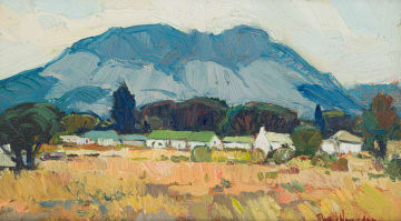 Piet van Heerden; Landscape with Cottages and Distant Mountains