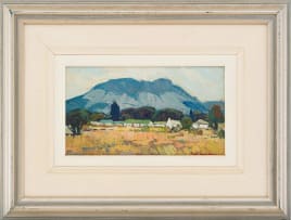 Piet van Heerden; Landscape with Cottages and Distant Mountains