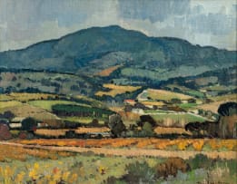 Piet van Heerden; Farm Landscape with Distant Mountains