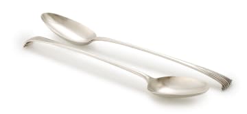 A near pair of George III silver Onslow pattern basting spoons, London, date marks indistinct