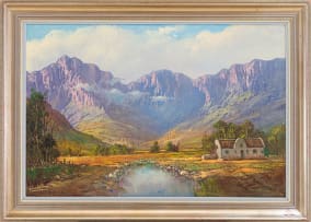 Gabriel de Jongh; Mountain Landscape with Cape Dutch Cottage
