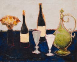 Pieter van der Westhuizen; Still Life with Bottles and a Vase of Flowers