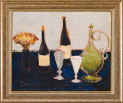 Pieter van der Westhuizen; Still Life with Bottles and a Vase of Flowers