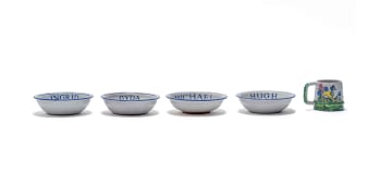 Linn Ware/Ceramic Studio; Personalised bowls and mug with animal and floral decoration, five