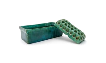 Linn Ware/Ceramic Studio; Green rectangular trough with flower frog