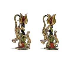 Thulani Mntungwa and Mbusi Mfuphi; A pair of candlesticks with leopard and floral decoration, two