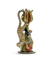 Thulani Mntungwa and Mbusi Mfuphi; A pair of candlesticks with leopard and floral decoration, two