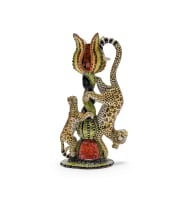 Thulani Mntungwa and Mbusi Mfuphi; A pair of candlesticks with leopard and floral decoration, two