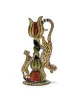Thulani Mntungwa and Mbusi Mfuphi; A pair of candlesticks with leopard and floral decoration, two