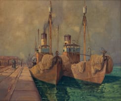 Nils Andersen; Boats and Figures alongside a Harbour