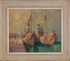 Nils Andersen; Boats and Figures alongside a Harbour