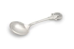 George VI silver Voortrekker Monument jam spoon, Thomas Gilpin Ltd, Sheffield,1949