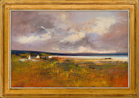 Derric van Rensburg; Coastal Landscape with Houses and Field