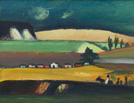 Pranas Domsaitis; Karoo Landscape with Small Houses and Figures