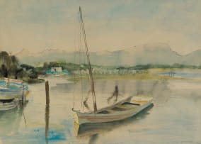 Maud Sumner; Boat and Distant Mountains