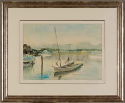 Maud Sumner; Boat and Distant Mountains