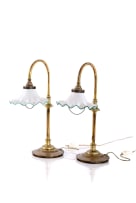 Pair of brass table lamps with opaque glass shades, 20th century