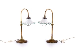 Pair of brass table lamps with opaque glass shades, 20th century