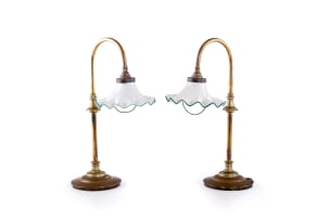 Pair of brass table lamps with opaque glass shades, 20th century
