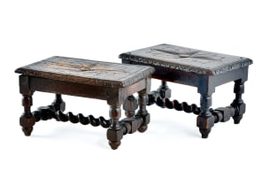 Near pair of Jacobean style carved oak footstools, 19th century
