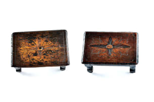 Near pair of Jacobean style carved oak footstools, 19th century