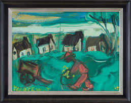 Frans Claerhout; Man with Cart and Cottages