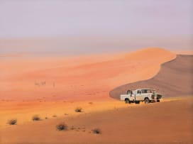 Peter Bonney; Desert Landscape with Figure, Vehicle and Antelope
