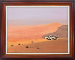 Peter Bonney; Desert Landscape with Figure, Vehicle and Antelope